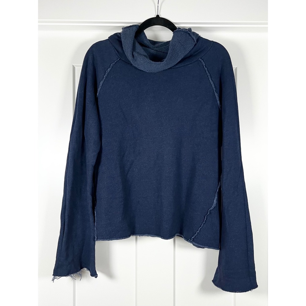 Alala Raw Hem Flare Sleeve Bamboo Knit Pullover Hoodie Boho Navy Womens Size M